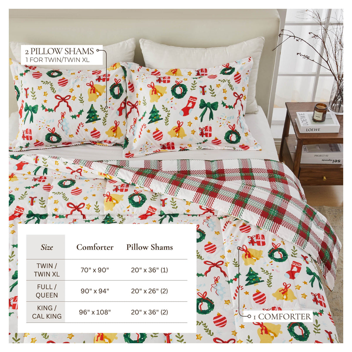 Great Bay Home Reversible Christmas Comforter and Sham Set with holiday prints; 2 shams on bed on Tampa Home & Garden Store