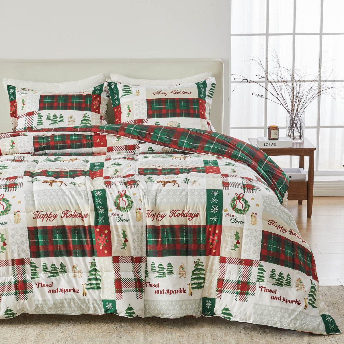 Great Bay Home Reversible Christmas Comforter & Sham Set Odette with red-green plaid patchwork on Tampa Home & Garden Store