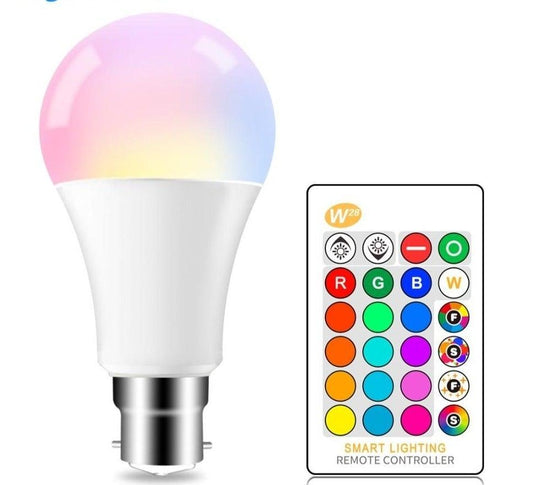 Stevvex IR RGB LED bulb with B22 base, remote control, 16-color color-changing lamp for home decor on Tampa Home & Garden Store
