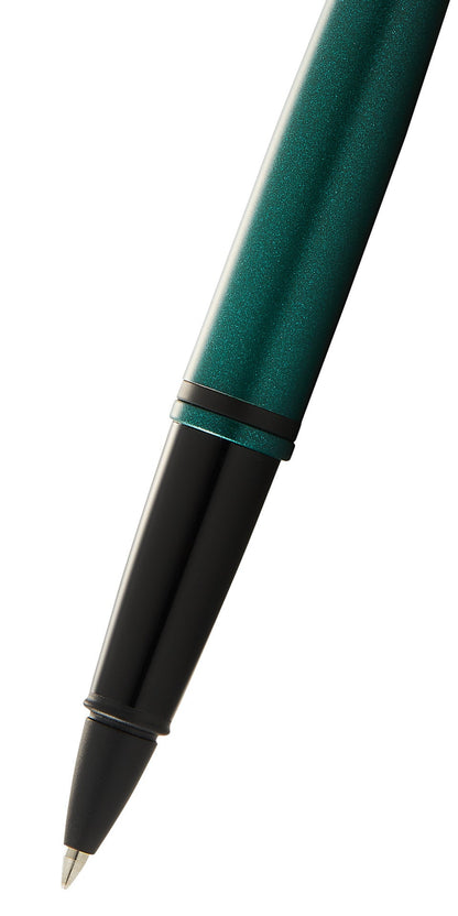 Calais matte green and black rollerball pen by A.T. Cross, close-up green barrel with black grip and silver nib on Tampa Home & Garden Store