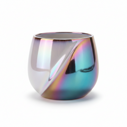 Iridescent Tegan Pot, a rounded plant pot with rainbow metallic glaze on Tampa Home & Garden Store