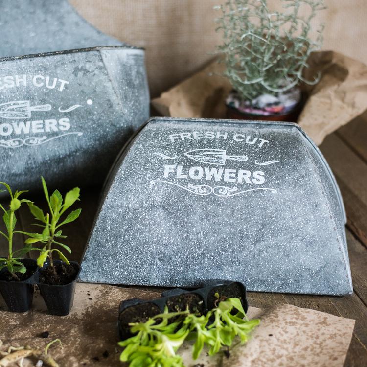 Iron Flower Wall Planters (2) by RusticReach in weathered gray iron with Fresh Cut Flowers stencil on Tampa Home & Garden Store