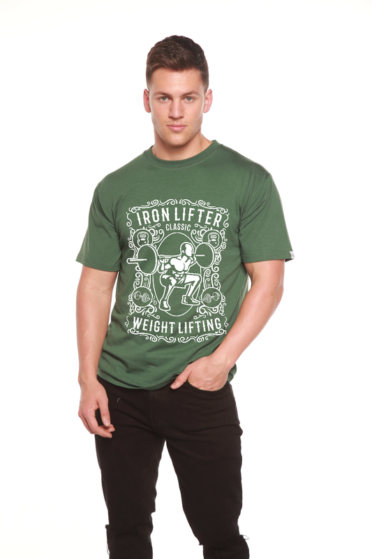 Iron Lifter men's graphic tee in olive green with weightlifting illustration, Spun Bamboo on Tampa Home & Garden Store