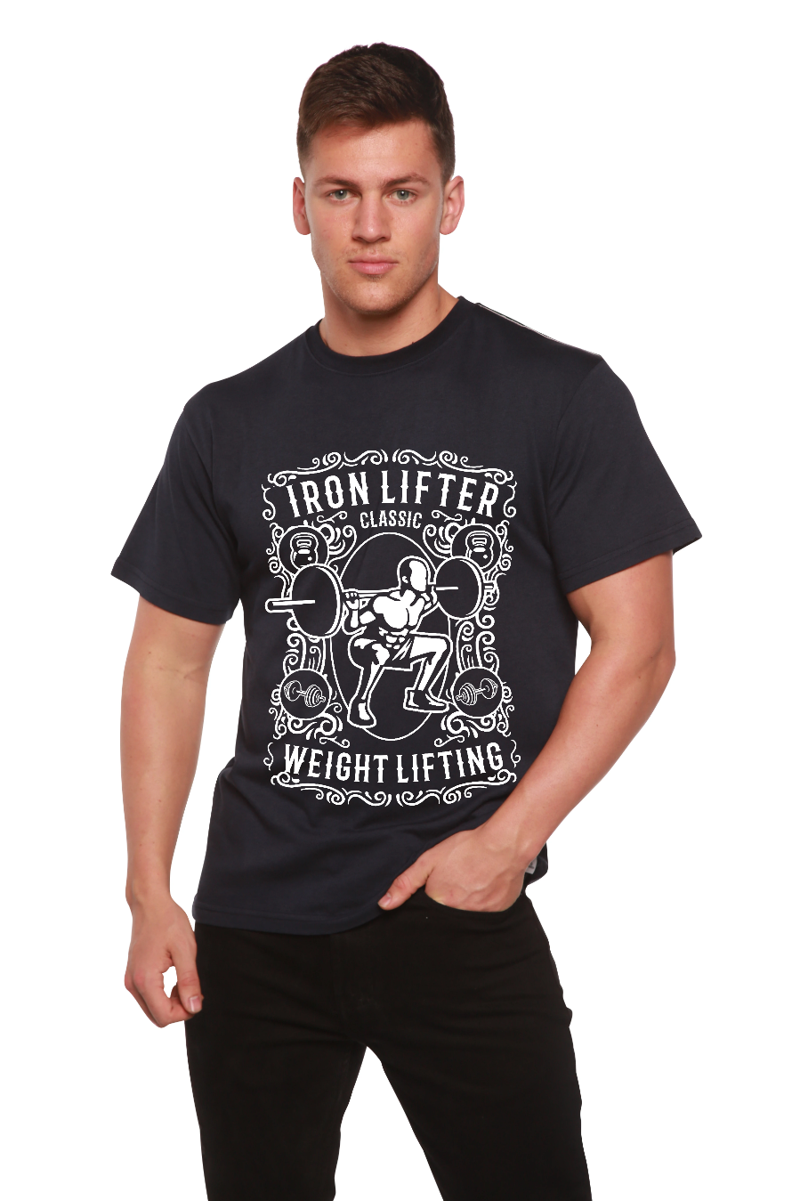 Iron Lifter men's bamboo viscose/organic cotton tee with white weightlifting graphic on navy on Tampa Home & Garden Store