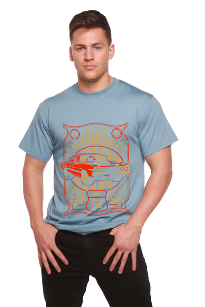 Iron Muscle graphic tee in blue bamboo viscose/organic cotton with red car print by Spun Bamboo on Tampa Home & Garden Store
