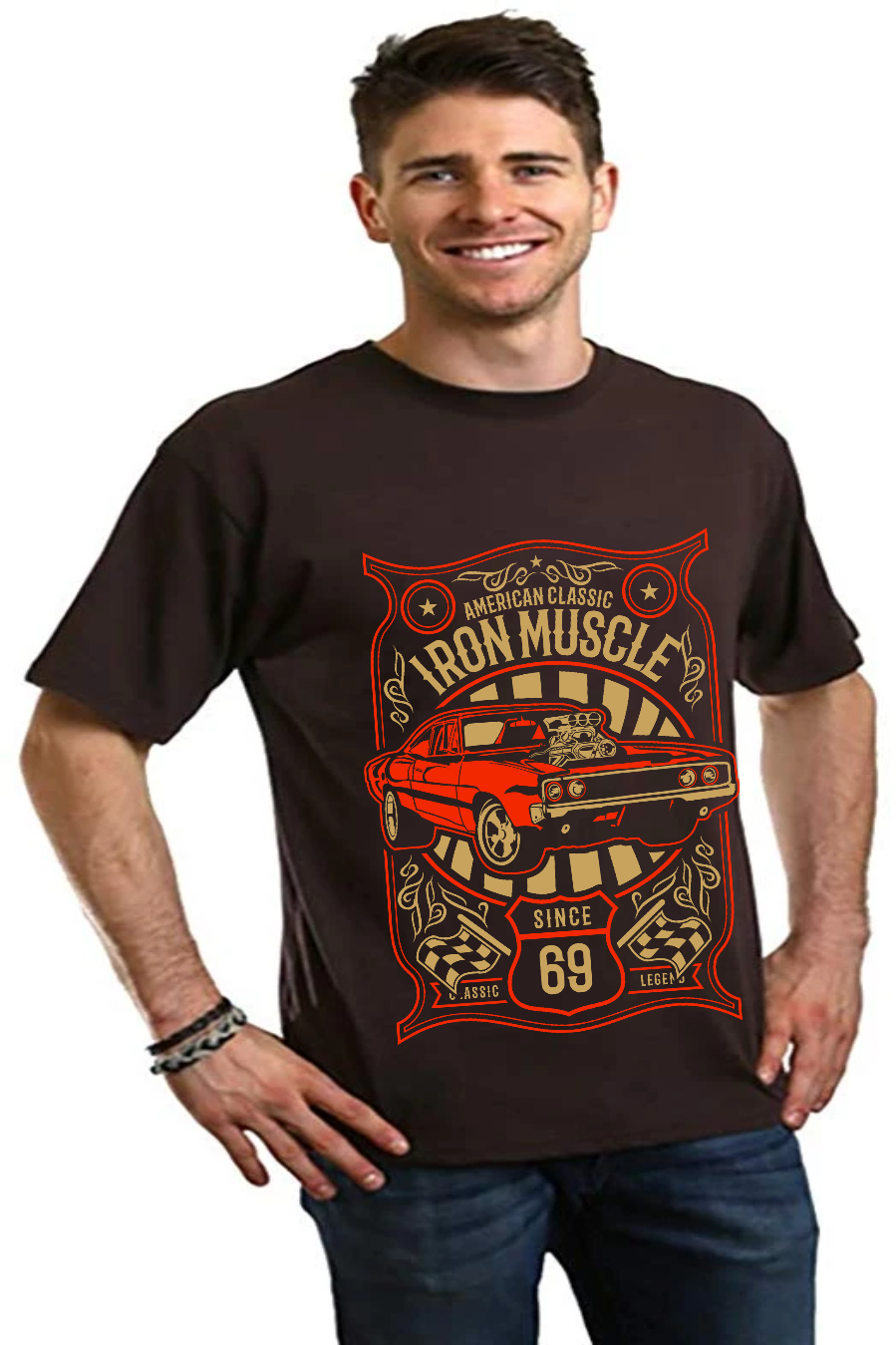 Iron Muscle men's bamboo viscose/organic cotton shirt dark brown with red car print Spun Bamboo on Tampa Home & Garden Store