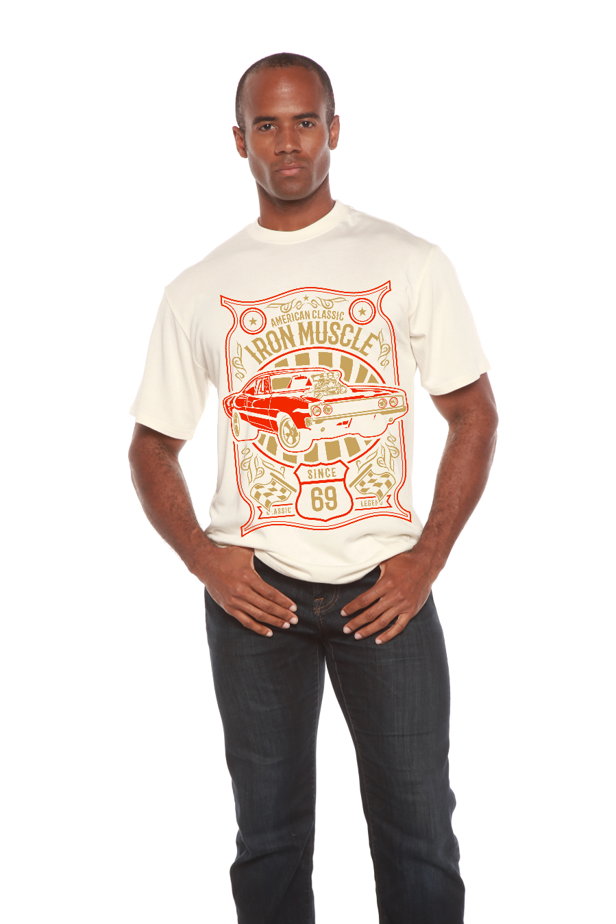 Iron Muscle men's bamboo viscose/organic cotton short sleeve tee with red car print cream Spun Bamboo on Tampa Home & Garden Store