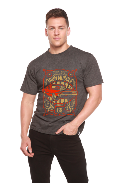 Iron Muscle graphic tee by Spun Bamboo in dark heather gray with red car artwork on Tampa Home & Garden Store