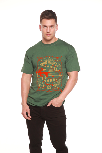 Iron Muscle men's graphic tee olive green with red car print by Spun Bamboo on Tampa Home & Garden Store