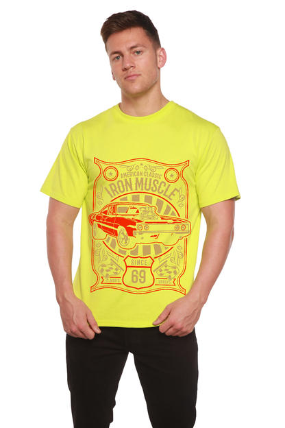 Iron Muscle men's graphic t-shirt neon yellow with red car print by Spun Bamboo on Tampa Home & Garden Store