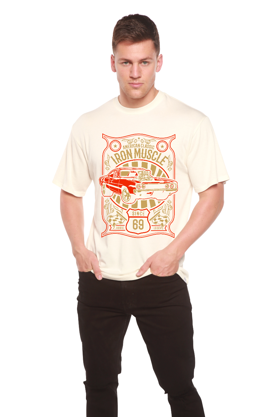 Iron Muscle men's bamboo viscose/organic cotton graphic tee with red car print on cream Spun Bamboo on Tampa Home & Garden Store