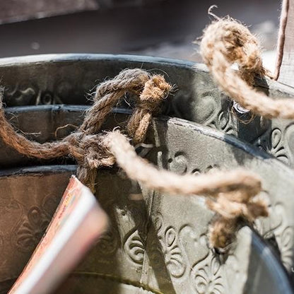 Iron tub set of 3 with antique flower pattern and rope handles by RusticReach on Tampa Home & Garden Store