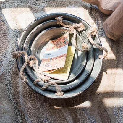 Iron tub set with antique flower pattern, rope handles, three nested metal tubs on Tampa Home & Garden Store