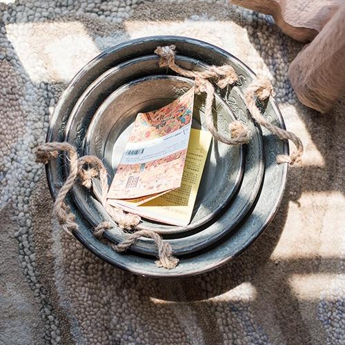 Iron tub set with antique flower pattern, rope handles, three nested metal tubs on Tampa Home & Garden Store