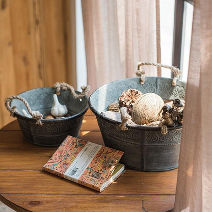 Iron tub set of 3 with antique flower pattern and rope handles in dark metal RusticReach on Tampa Home & Garden Store