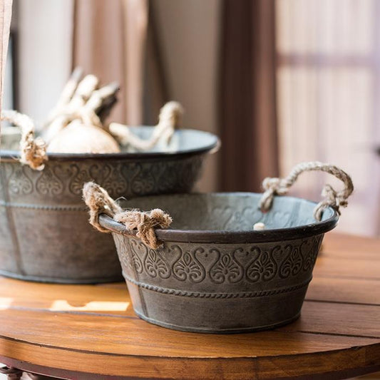 RusticReach iron tub set of 3 with rope handles, antique flower pattern metal tubs on Tampa Home & Garden Store