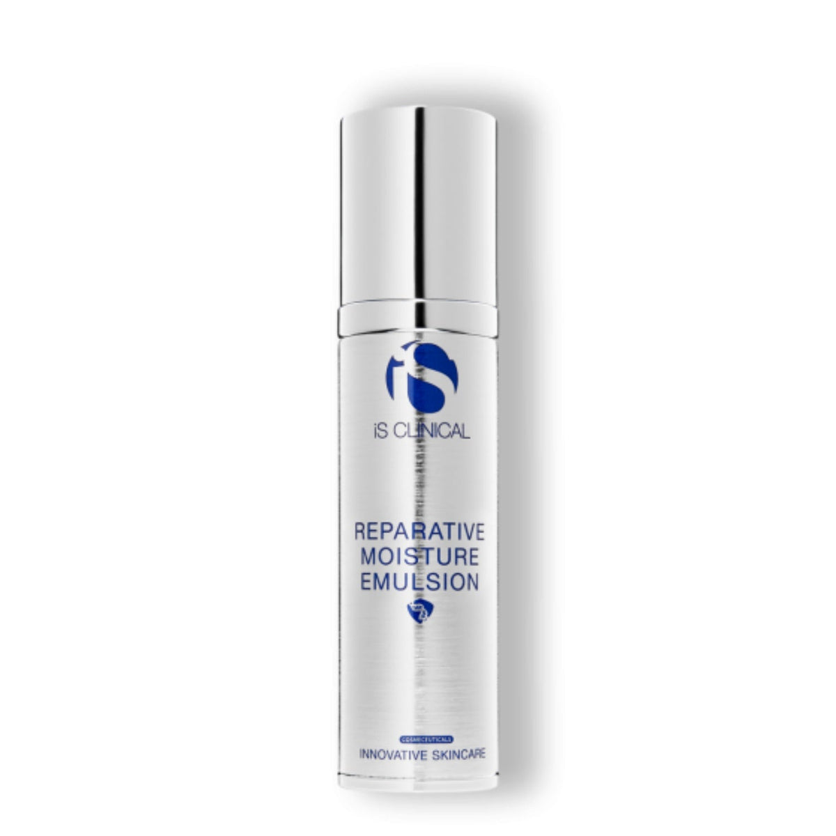 iS Clinical Reparative Moisture Emulsion bottle, silver pump, blue logo on Tampa Home & Garden Store