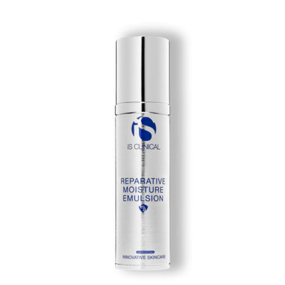 iS Clinical Reparative Moisture Emulsion bottle, silver pump, blue logo on Tampa Home & Garden Store