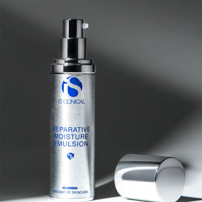 iS Clinical Reparative Moisture Emulsion facial moisturizer bottle with a silver pump and blue logo on Tampa Home & Garden Store