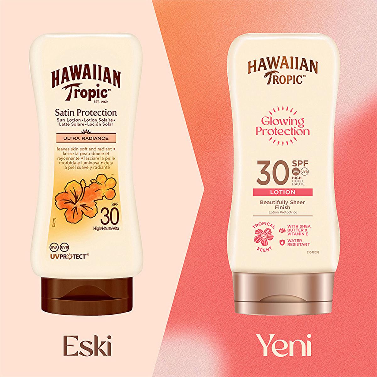 Two Hawaiian Tropic SPF 30 sunscreen lotion tubes in beige bottles with brown and rose caps on Tampa Home & Garden Store