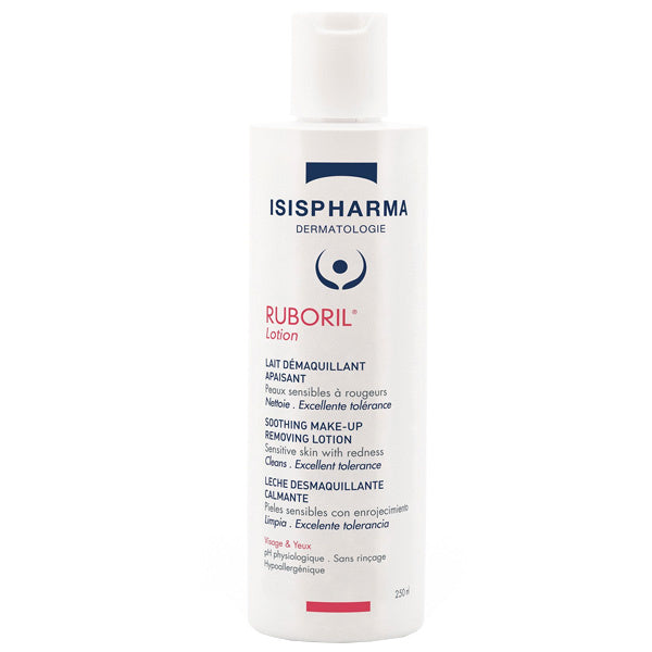 Isispharma Ruboril Lotion 250ml bottle, white with blue logo, makeup remover for sensitive skin on Tampa Home & Garden Store
