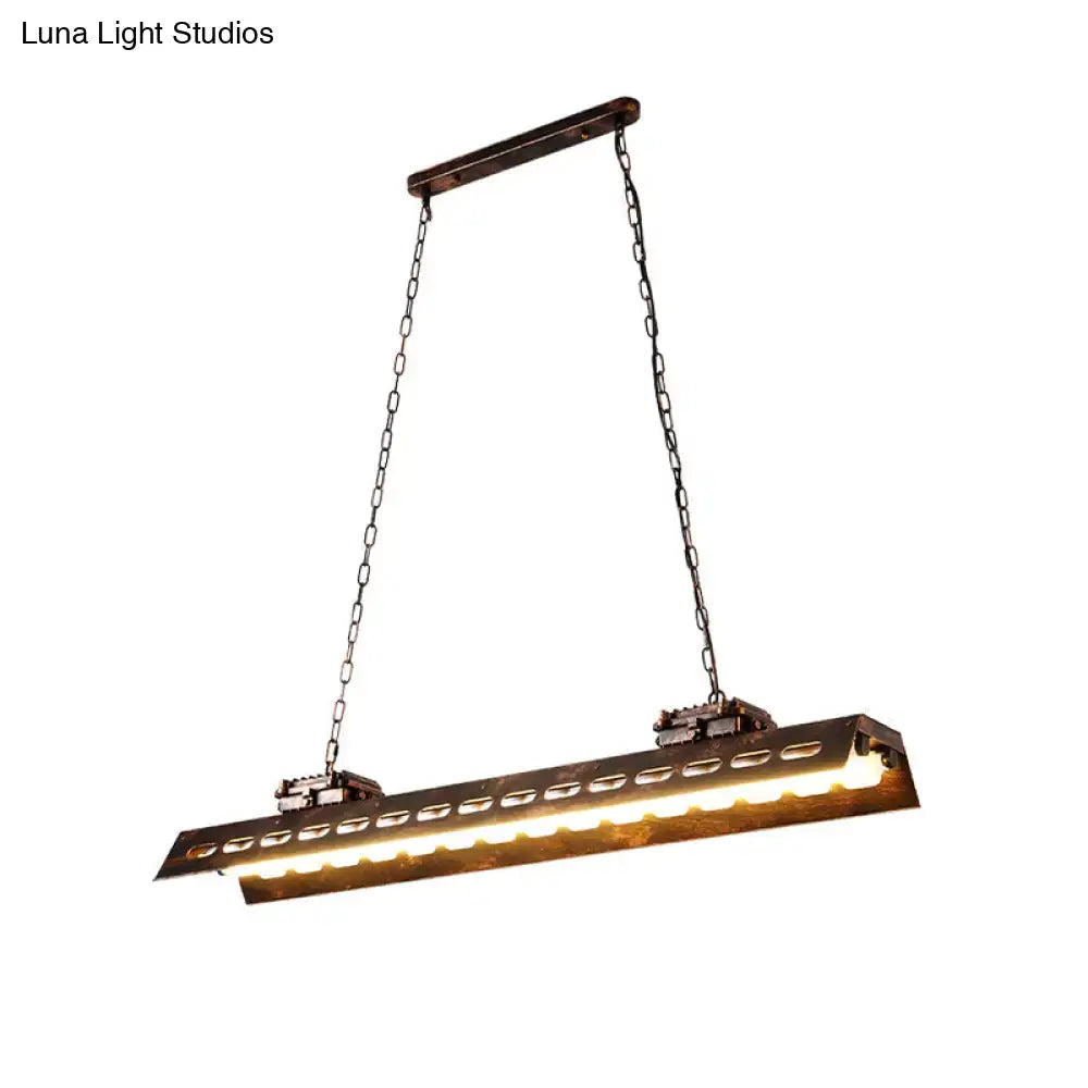 Rust iron island light pendant with perforated bar and dual chains by Decorbites on Tampa Home & Garden Store