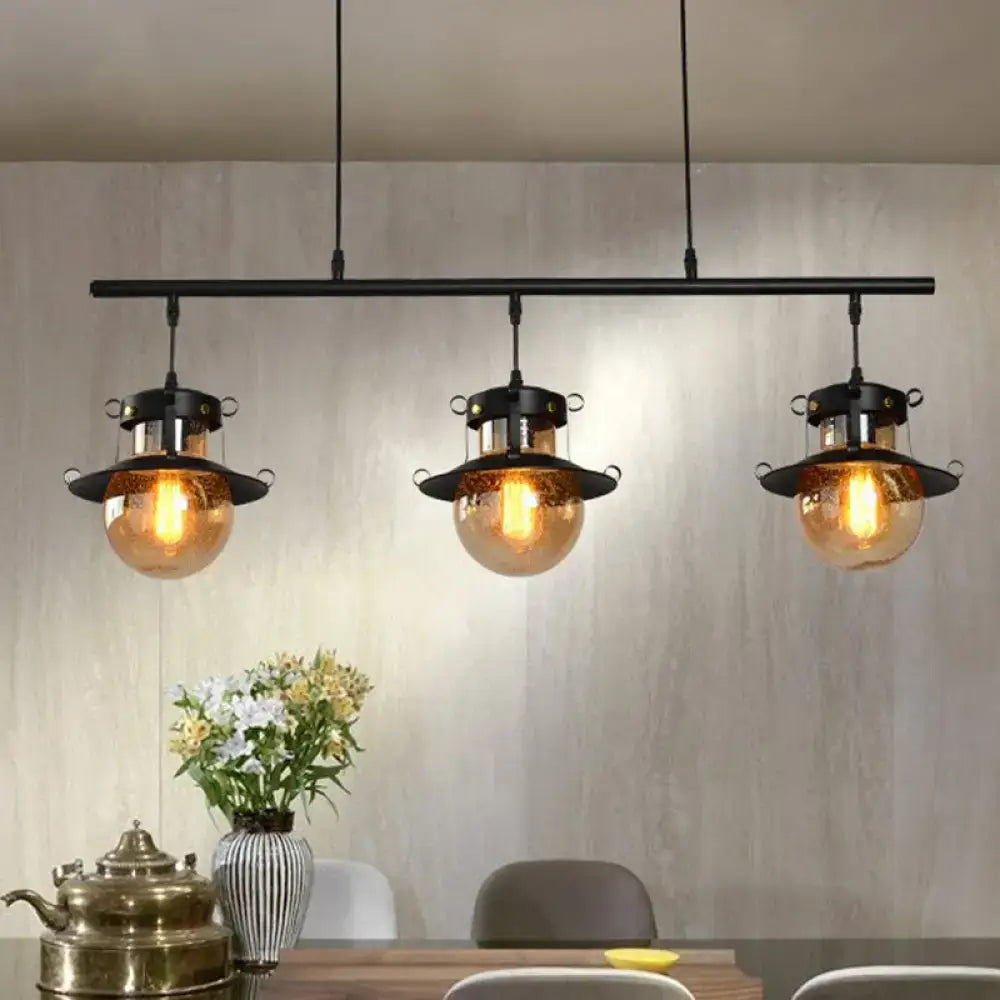 3-Light Linear Hanging Island Pendant - Traditional Black Metal Lamp with Flared Shade