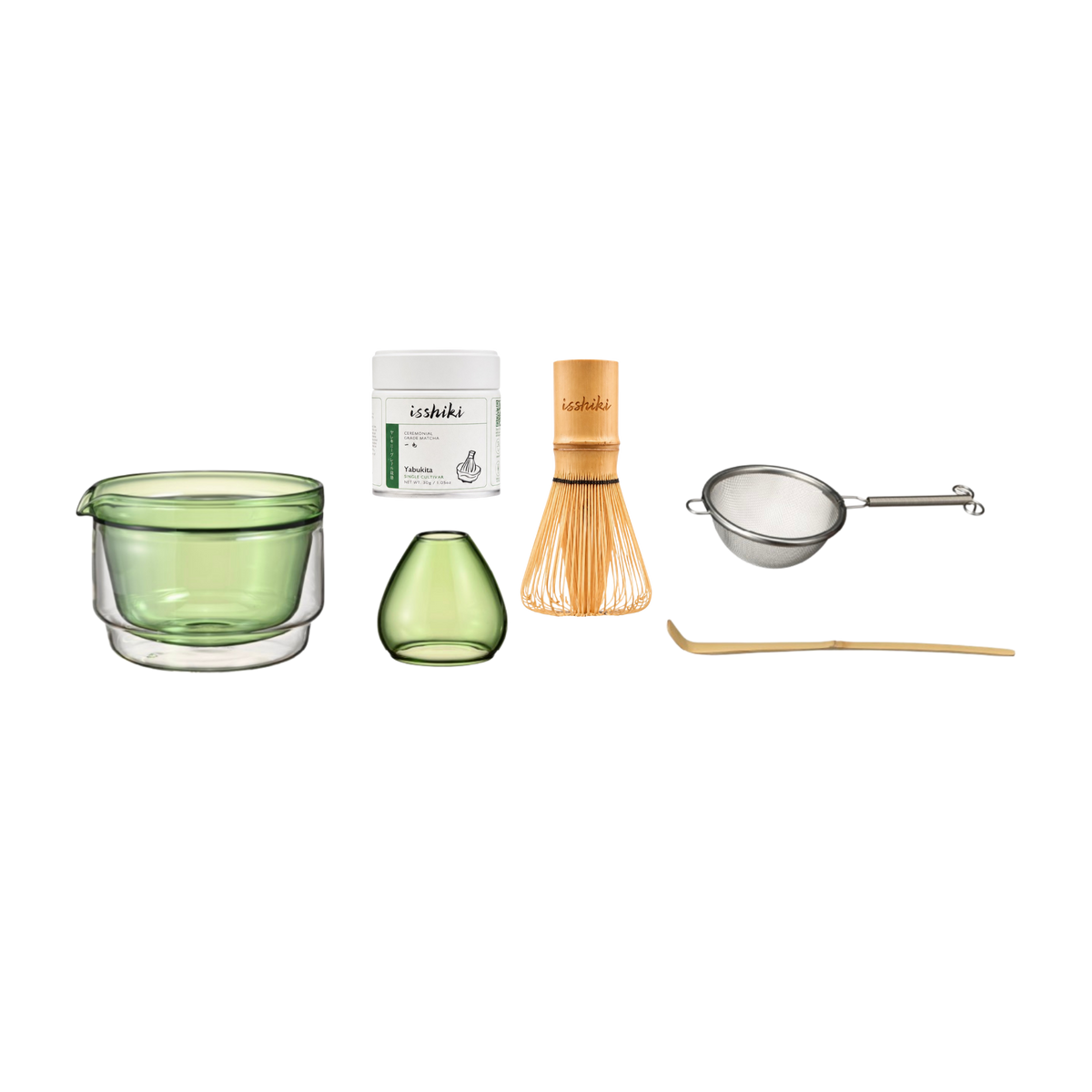 Isshiki x Hario Yabukita Tin Matcha Set with white tin, bamboo whisk, chashaku, strainer, and glass cups on Tampa Home & Garden Store