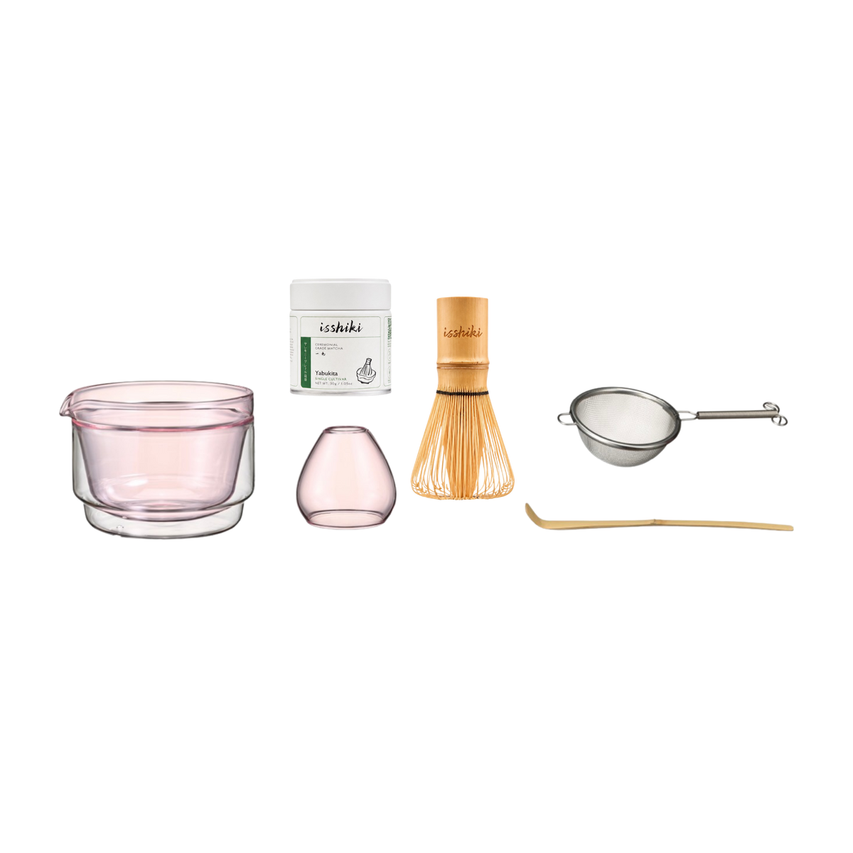 Isshiki x Hario Yabukita Tin Matcha Set cup with bamboo chasen whisk and pink glass cups on Tampa Home & Garden Store