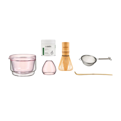 Isshiki x Hario Yabukita Tin Matcha Set cup with bamboo chasen whisk and pink glass cups on Tampa Home & Garden Store