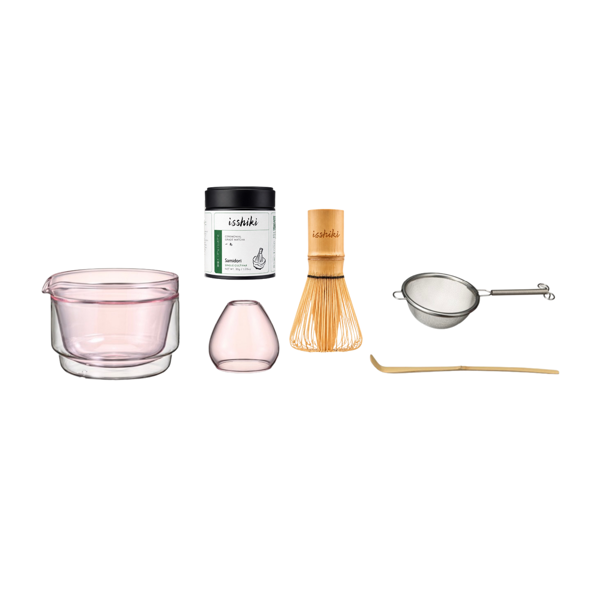 Isshiki Samidori Tin Matcha Cup set with bamboo whisk and tea tools on Tampa Home & Garden Store