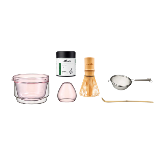 Isshiki Samidori Tin Matcha Cup set with bamboo whisk and tea tools on Tampa Home & Garden Store