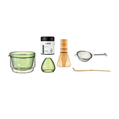 Isshiki x Hario Samidori Tin Matcha Set with tin jar and bamboo whisk on Tampa Home & Garden Store