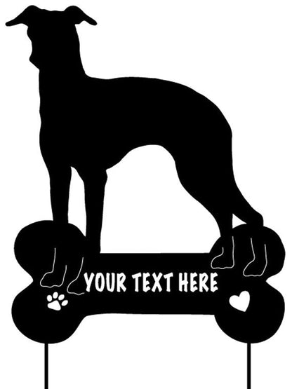 Italian Greyhound lawn ornament Rustica Ornamentals with bone sign for custom text on Tampa Home & Garden Store