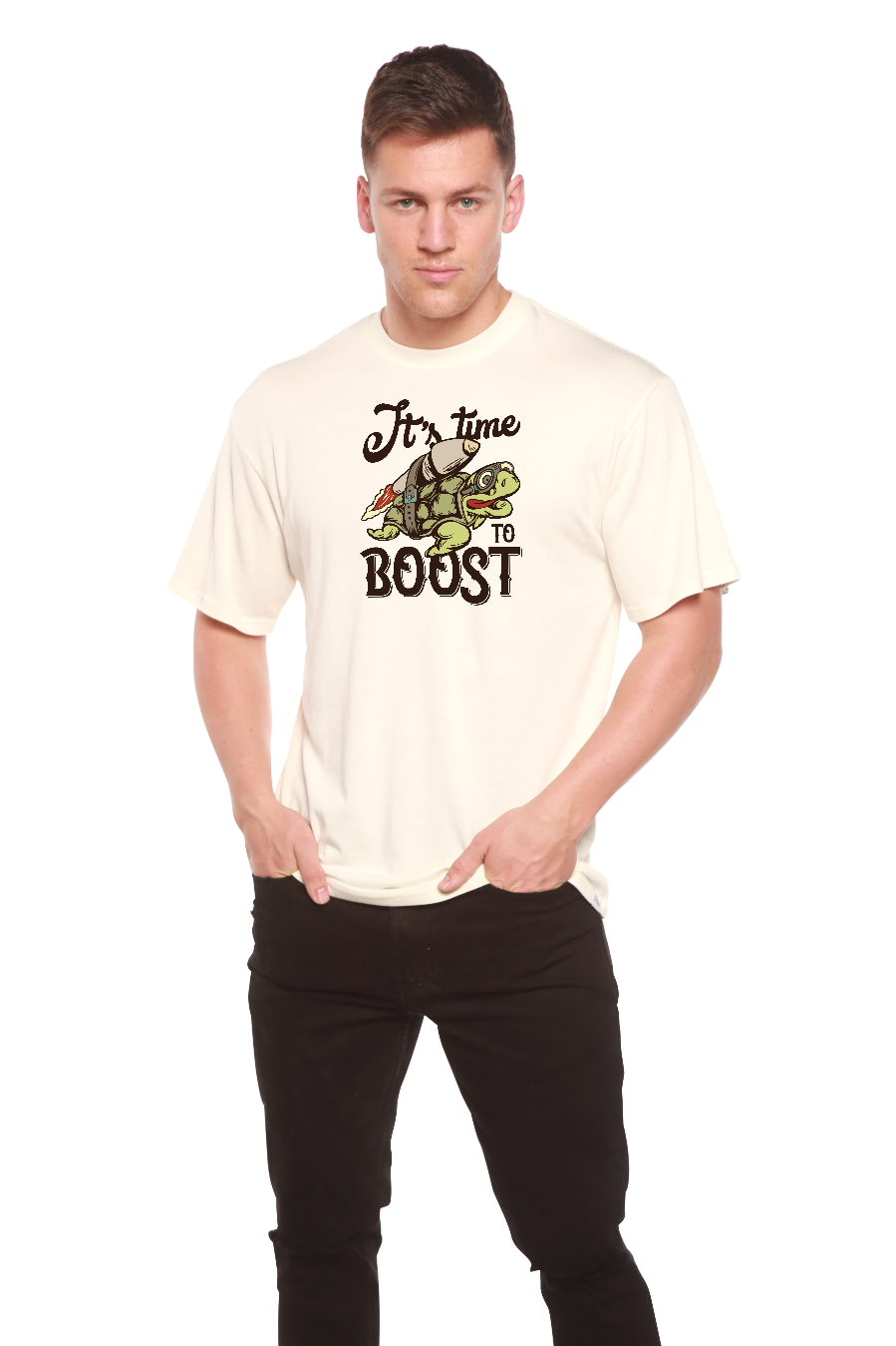 Mens printed BOOST graphic T-shirt in cream bamboo viscose/organic cotton by Spun Bamboo on Tampa Home & Garden Store