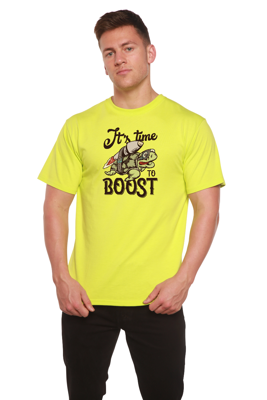 Men's neon yellow graphic tee with BOOST turtle print, Spun Bamboo viscose/organic cotton on Tampa Home & Garden Store