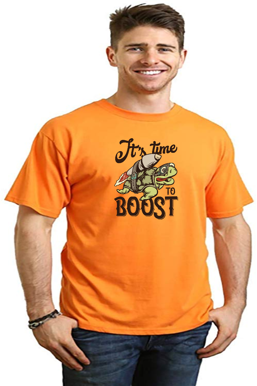 Men's orange BOOST tee with turtle rocket print, bamboo viscose/organic cotton by Spun Bamboo on Tampa Home & Garden Store