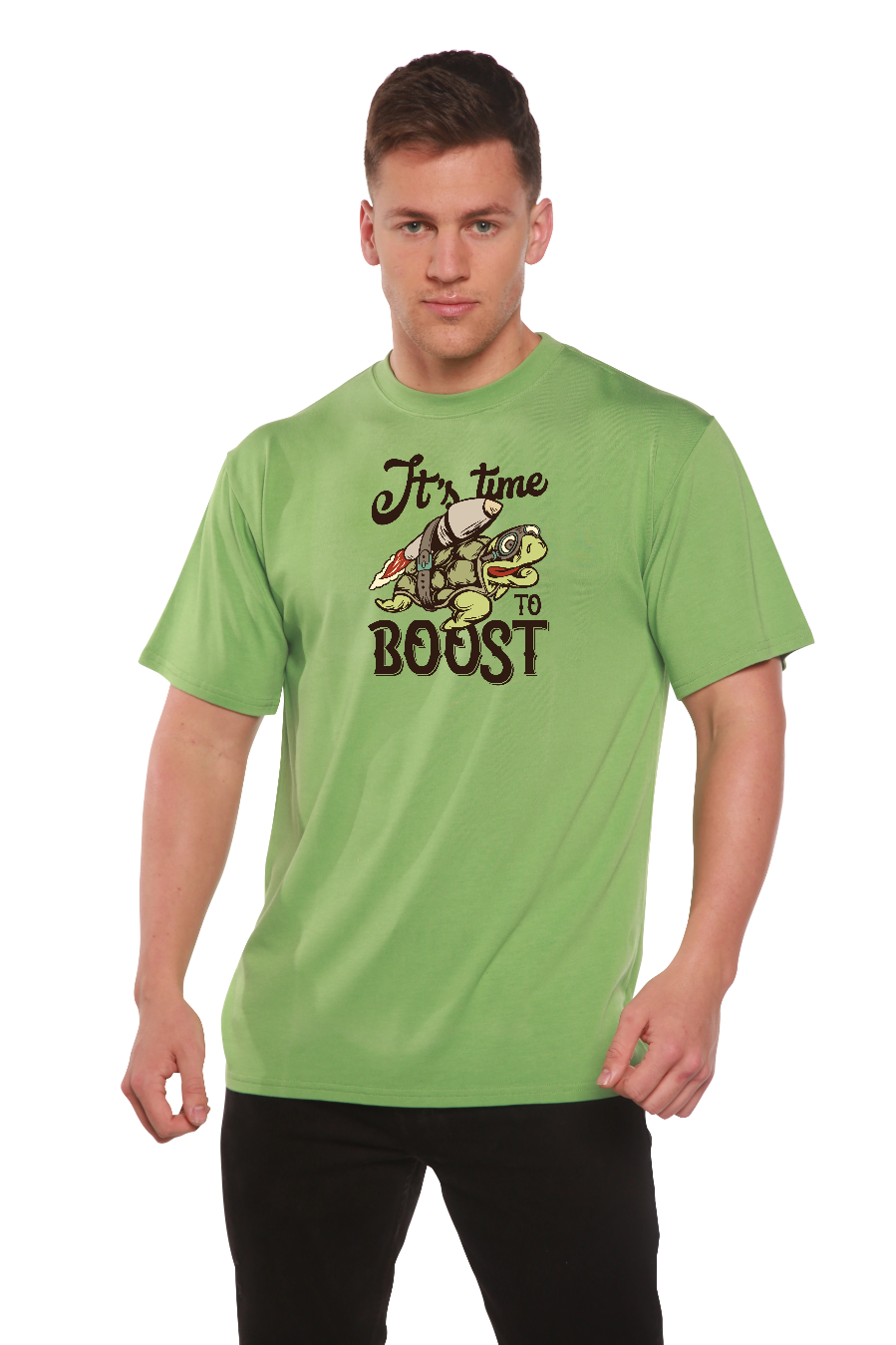 Spun Bamboo men's graphic T-shirt in light green with BOOST turtle design on Tampa Home & Garden Store
