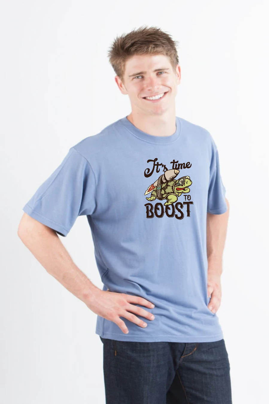 Men's blue Spun Bamboo viscose/organic cotton graphic T-shirt with frog design and It's time to BOOST on Tampa Home & Garden Store