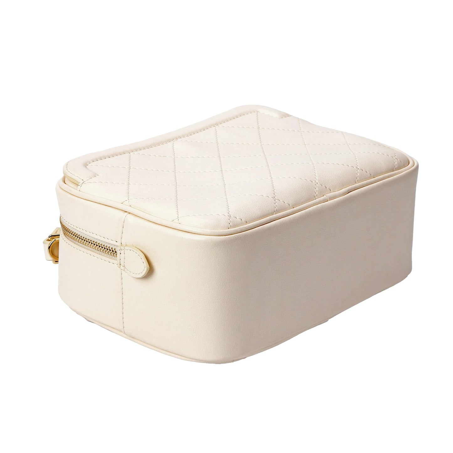 Ivory Quilted Leather Camera Bag with Top Handle and Crossbody Strap