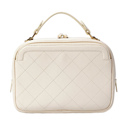 Ivory Quilted Leather Camera Bag with Top Handle and Crossbody Strap