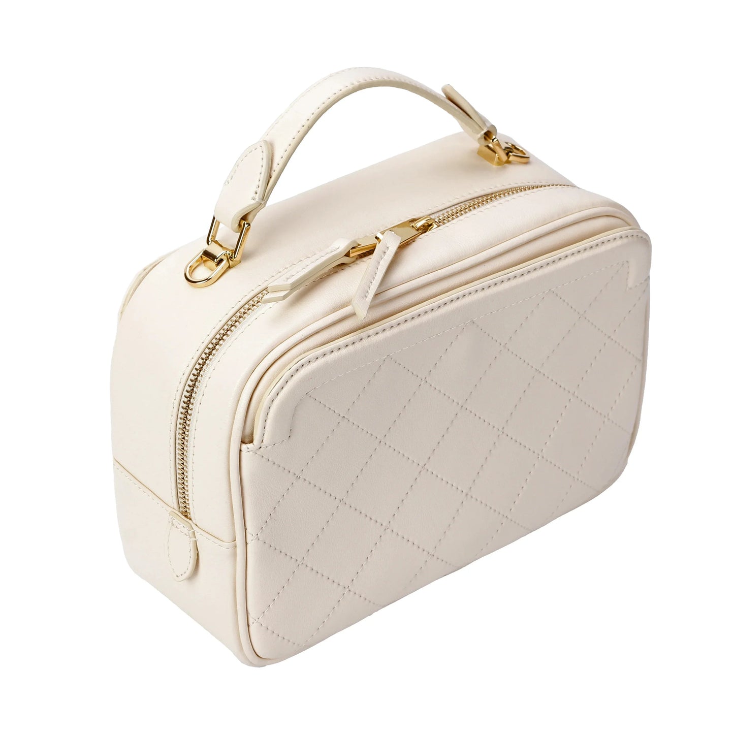 Ivory Quilted Leather Camera Bag with Top Handle and Crossbody Strap