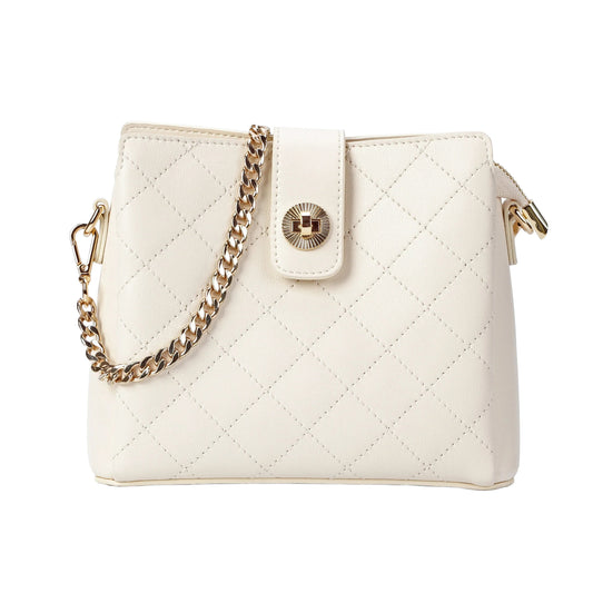 Ivory Quilted Leather Crossbody Bag with Gold Chain Strap