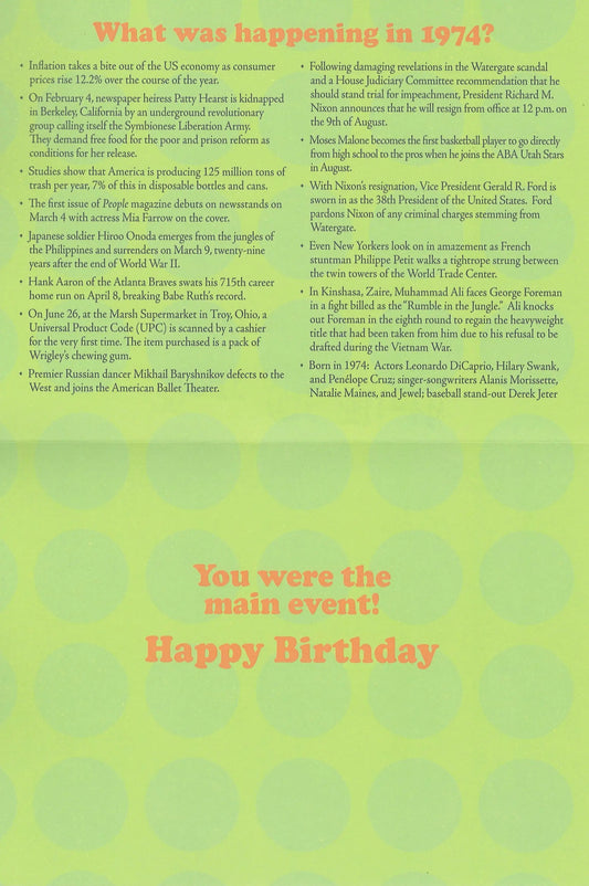 Birthday Card 1974 lime-green background with orange text on Tampa Home & Garden Store