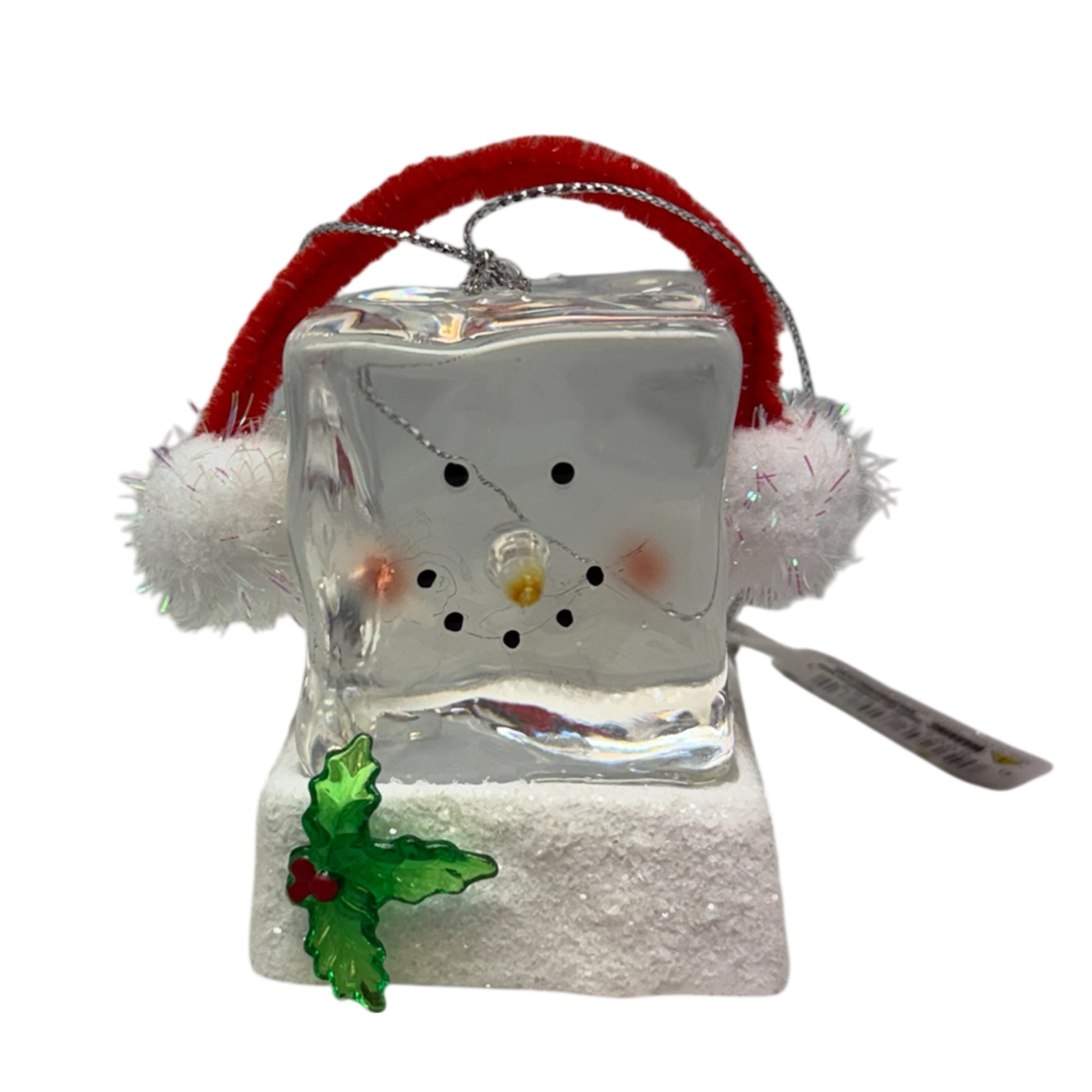 Lighted snowman cube ornament with red earmuffs and silver body, The Country Christmas Loft on Tampa Home & Garden Store
