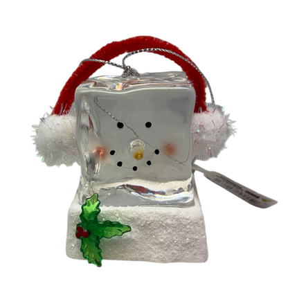Lighted snowman cube ornament with red earmuffs and silver body, The Country Christmas Loft on Tampa Home & Garden Store