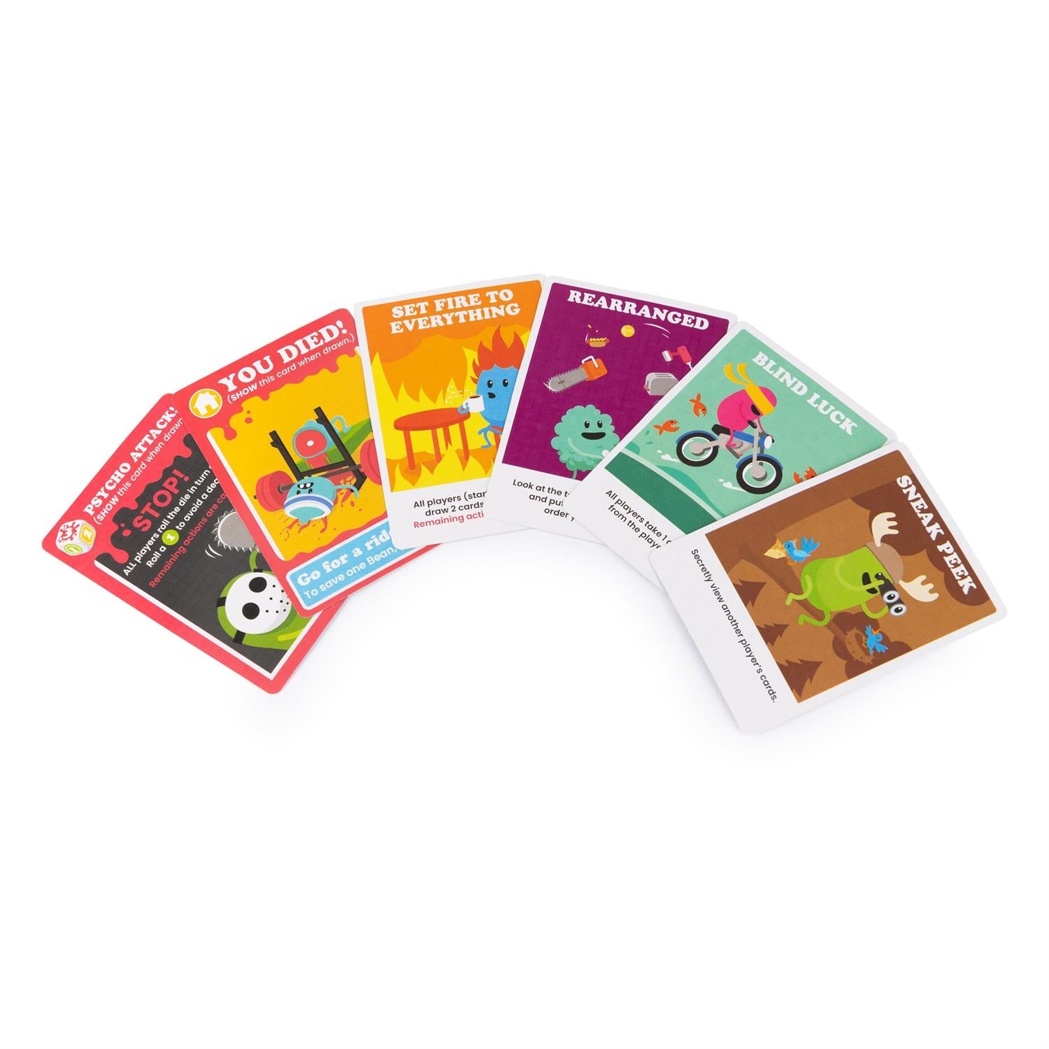 Dumb Ways to Die Card Game six colorful action cards fanned out with bold captions on Tampa Home & Garden Store