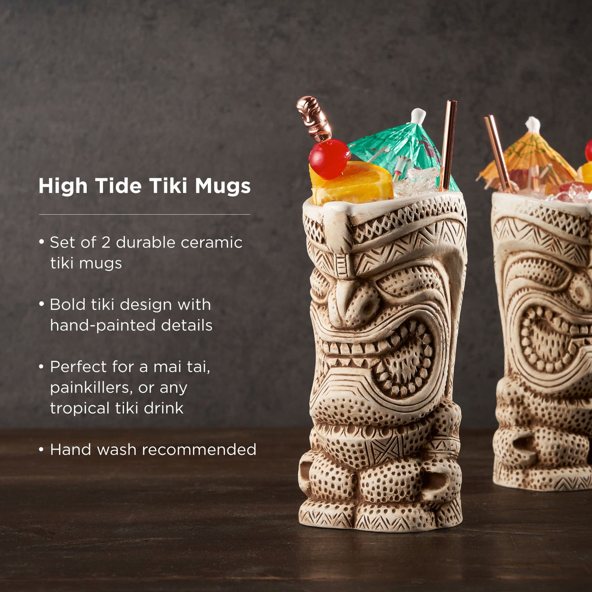 Pacific High Tide Tiki Mugs set of 2 stemless glasses with handpainted tiki by Viski on Tampa Home & Garden Store