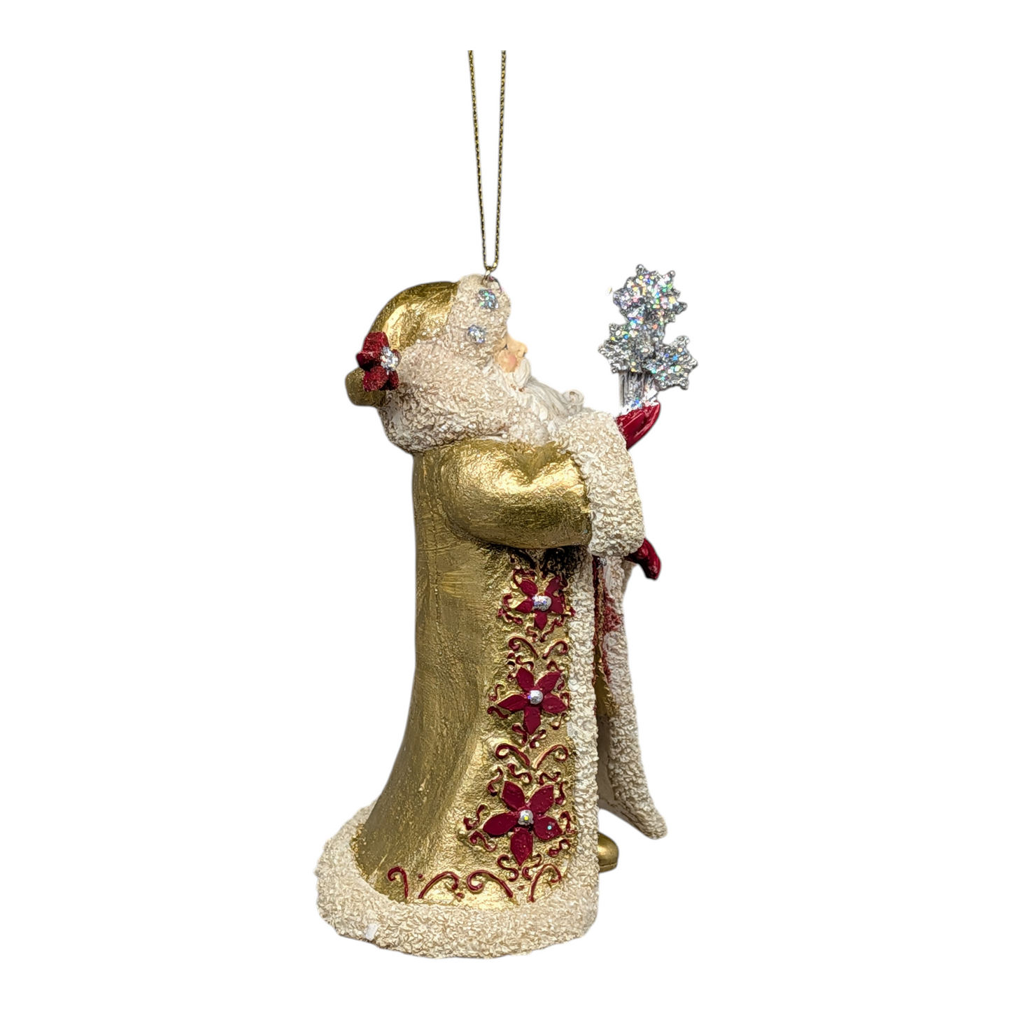 Holiday Diamonds Standing Santa ornament with snowflake bouquet gold suit on Tampa Home & Garden Store