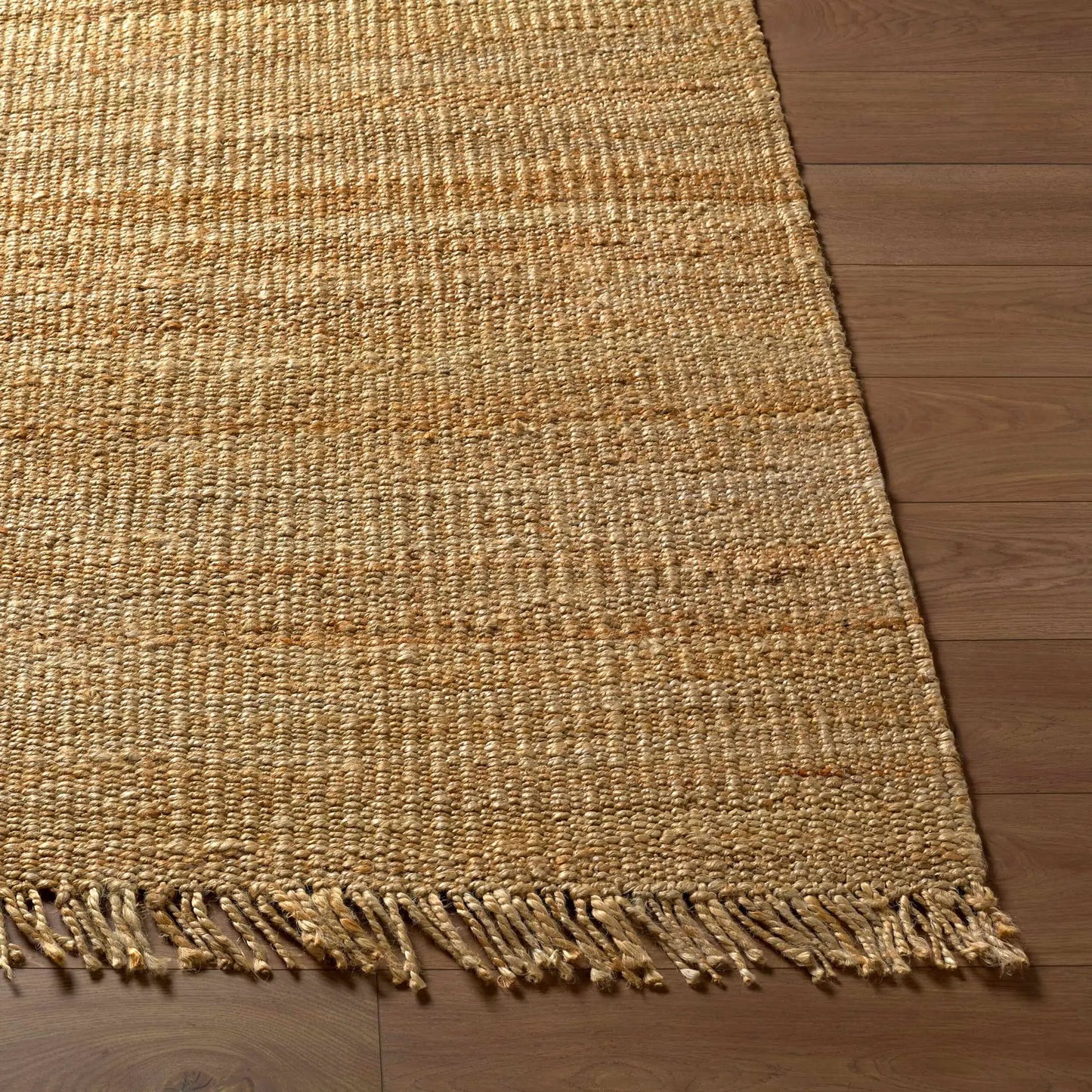 Oaks Perfect Flatweave Jute Rug by Boutique Rugs, natural tan jute with fringe edge on Tampa Home & Garden Store